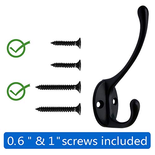 IBosins 10 Pack Heavy Duty Dual Coat Hooks Wall Mounted with 40 Screws Retro Double Hooks Utility Black No Rust Hooks for Coat, Scarf, Bag, Towel, Key, Cap, Cup, Hat (Black) - Image 2