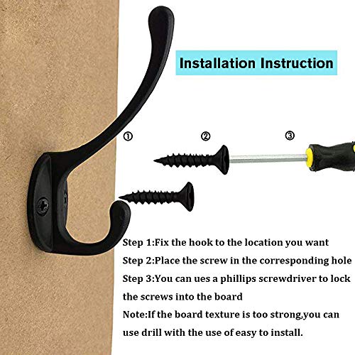 IBosins 10 Pack Heavy Duty Dual Coat Hooks Wall Mounted with 40 Screws Retro Double Hooks Utility Black No Rust Hooks for Coat, Scarf, Bag, Towel, Key, Cap, Cup, Hat (Black) - Image 4