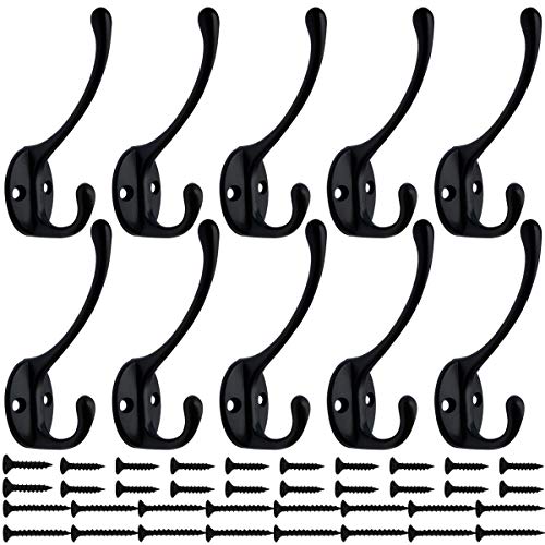 IBosins 10 Pack Heavy Duty Dual Coat Hooks Wall Mounted with 40 Screws Retro Double Hooks Utility Black No Rust Hooks for Coat, Scarf, Bag, Towel, Key, Cap, Cup, Hat (Black) - Image 1