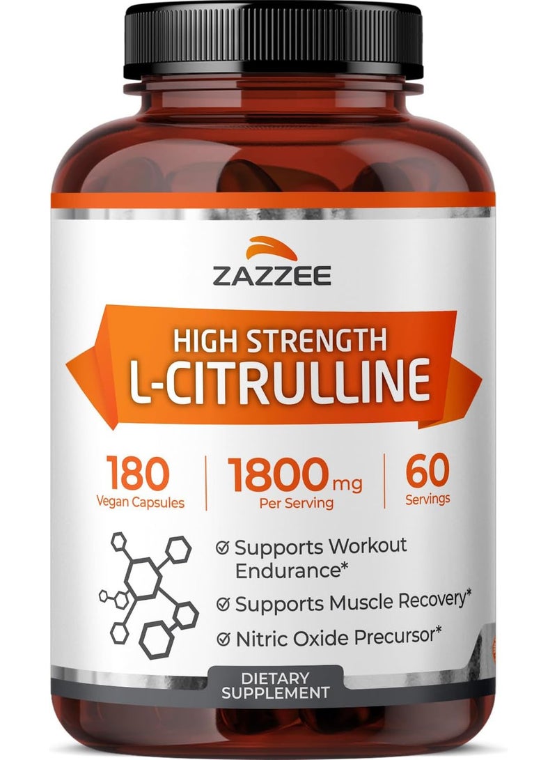 Zazzee High Strength L-Citrulline, 1800 mg per Serving, 180 Vegan Capsules, 60 Day Supply, 100% Vegetarian, Made in the USA, All-Natural, Non-GMO - Image 1