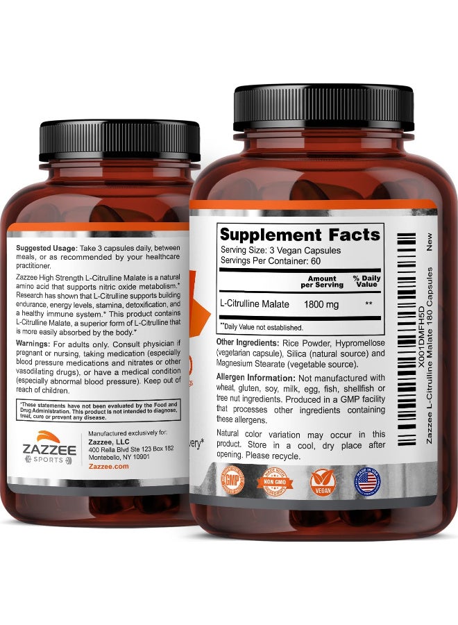 Zazzee High Strength L-Citrulline, 1800 mg per Serving, 180 Vegan Capsules, 60 Day Supply, 100% Vegetarian, Made in the USA, All-Natural, Non-GMO - Image 3