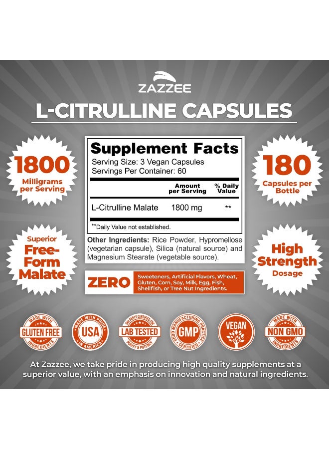 Zazzee High Strength L-Citrulline, 1800 mg per Serving, 180 Vegan Capsules, 60 Day Supply, 100% Vegetarian, Made in the USA, All-Natural, Non-GMO - Image 2