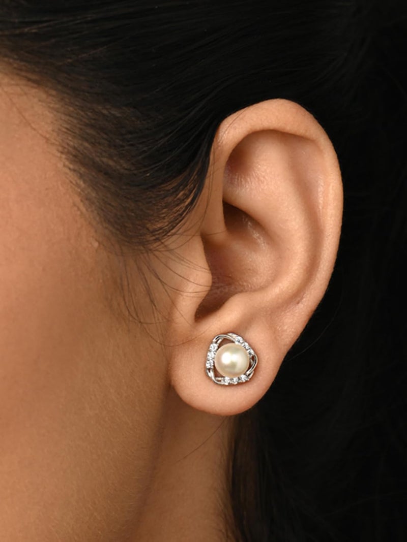 CLARA 925 Sterling Silver Zuha Freshwater Pearl Stud Earrings | Platinum Plated, Swiss Zirconia |Gift for Women and Girls - Image 4