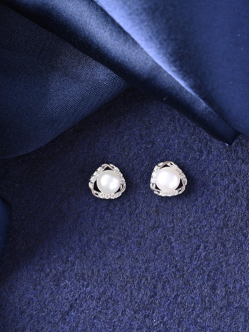 CLARA 925 Sterling Silver Zuha Freshwater Pearl Stud Earrings | Platinum Plated, Swiss Zirconia |Gift for Women and Girls - Image 2