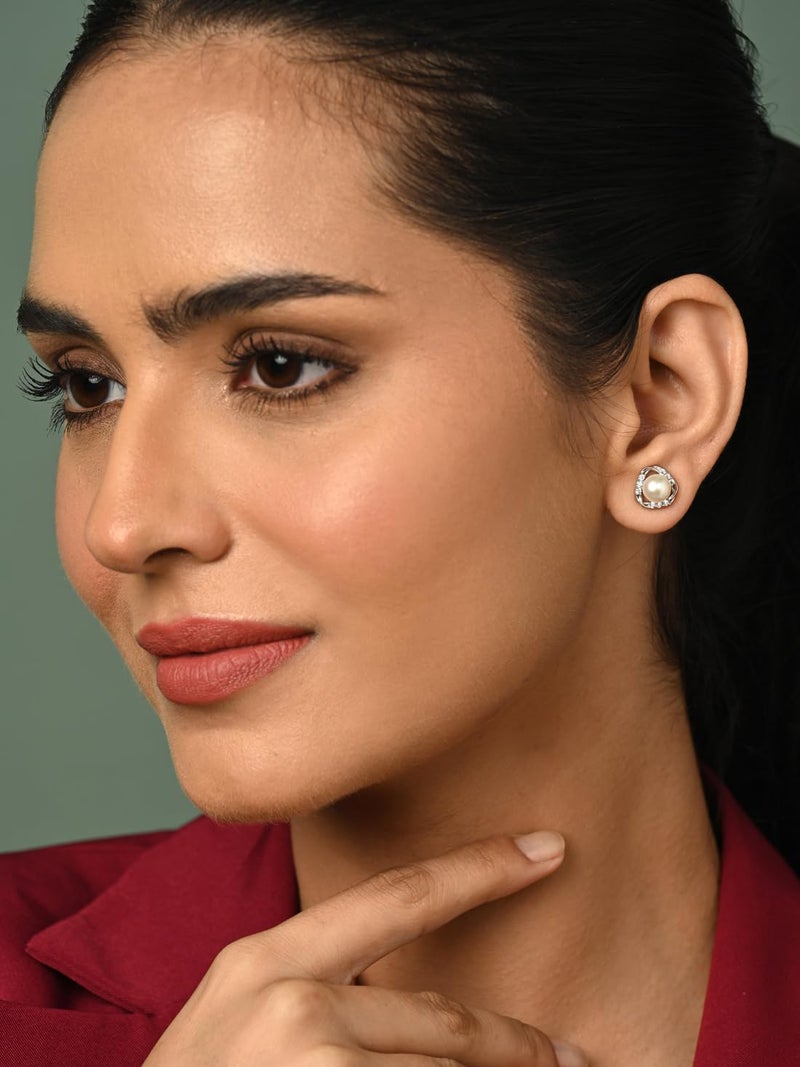 CLARA 925 Sterling Silver Zuha Freshwater Pearl Stud Earrings | Platinum Plated, Swiss Zirconia |Gift for Women and Girls - Image 3