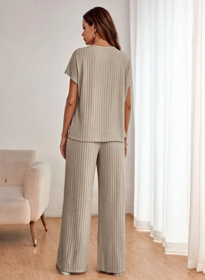 Take Two Beige Ribbed Knit Top and Trousers Co-Ords