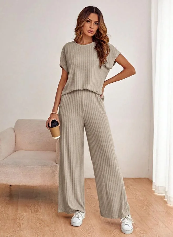 Take Two Beige Ribbed Knit Top and Trousers Co-Ords