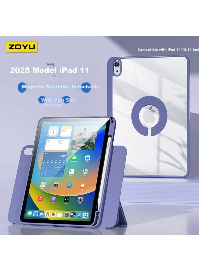 Zoyu  A16 Chip Compatible Ipad 11/10 Case 11-inch Tri-fold Magnetic Rotatable Detachable With Pencil Slot Lavender Tablet Cover