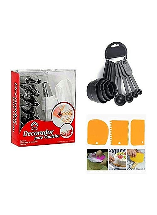BAKING SET Baking Set 12 Piece Cake Decorating Nozzle Set and 3 Pcs Set Plastic Dough Bench Scraper Cake Cutter Chopper and 8 pcs Measuring Cup Combo Pack Multi  - Image 1