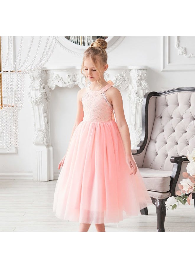 Sunny Fashion Girls Dress Pink Flower Lace Halter Princess Wedding Bridesmaid Tulle Size 10  - Image 2