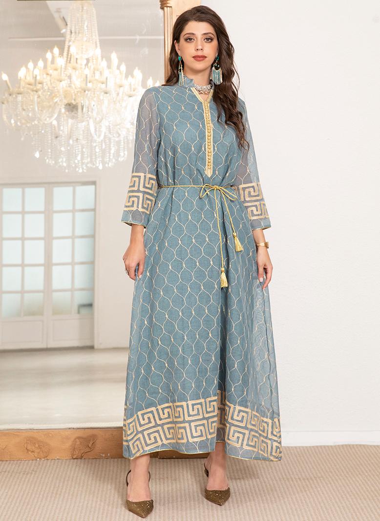 فرايديين انيق طوق عالي جاكار تباين اللون حزام تطريز بطانه الاكمام المتوهجة قفطان ازرق فاتح - Image 3