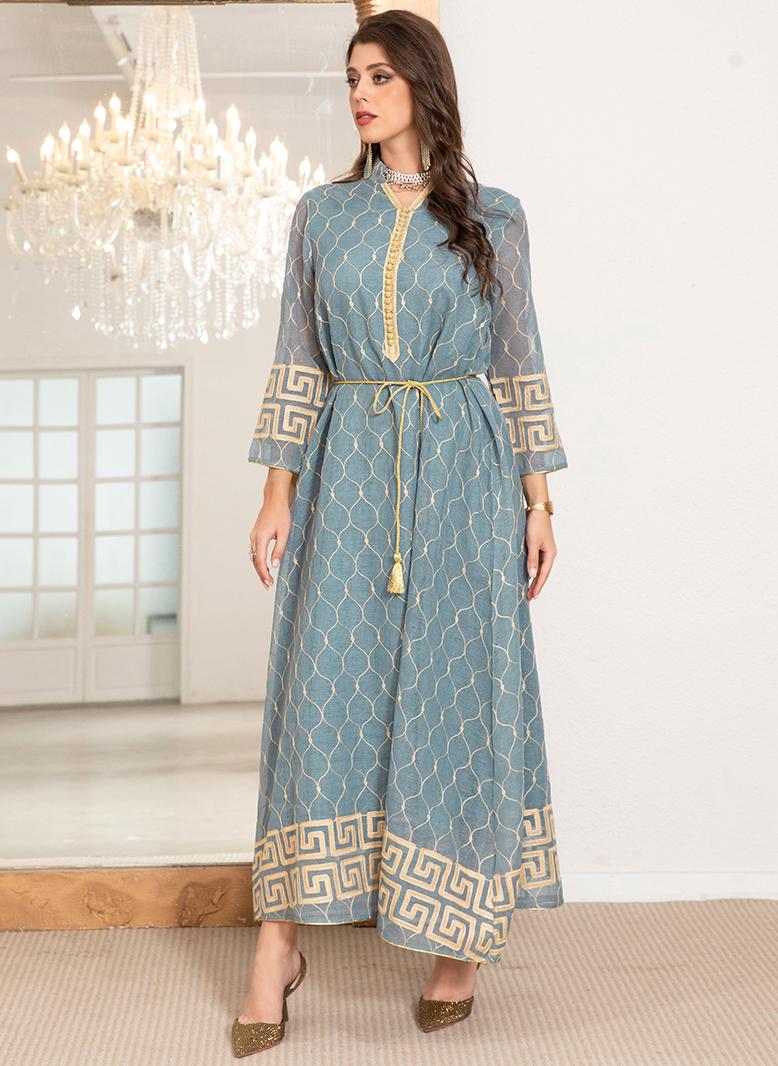 فرايديين انيق طوق عالي جاكار تباين اللون حزام تطريز بطانه الاكمام المتوهجة قفطان ازرق فاتح - Image 4