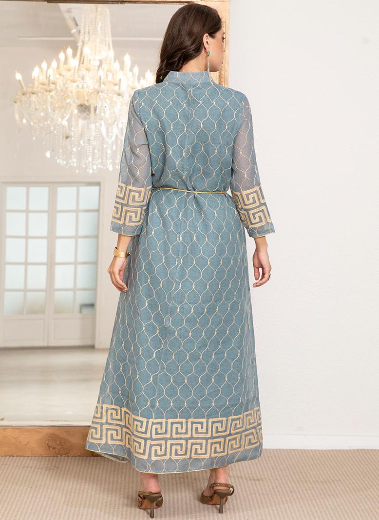 فرايديين انيق طوق عالي جاكار تباين اللون حزام تطريز بطانه الاكمام المتوهجة قفطان ازرق فاتح - Image 2