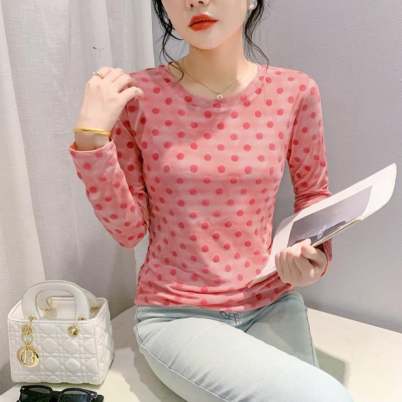 Crewneck Polka Dot Flocking T-Shirt Women'S 2024 Summer Pattern Printed Fashionable Elegant Long Sleeve Western Style Slimming Base Shirt - Image 4