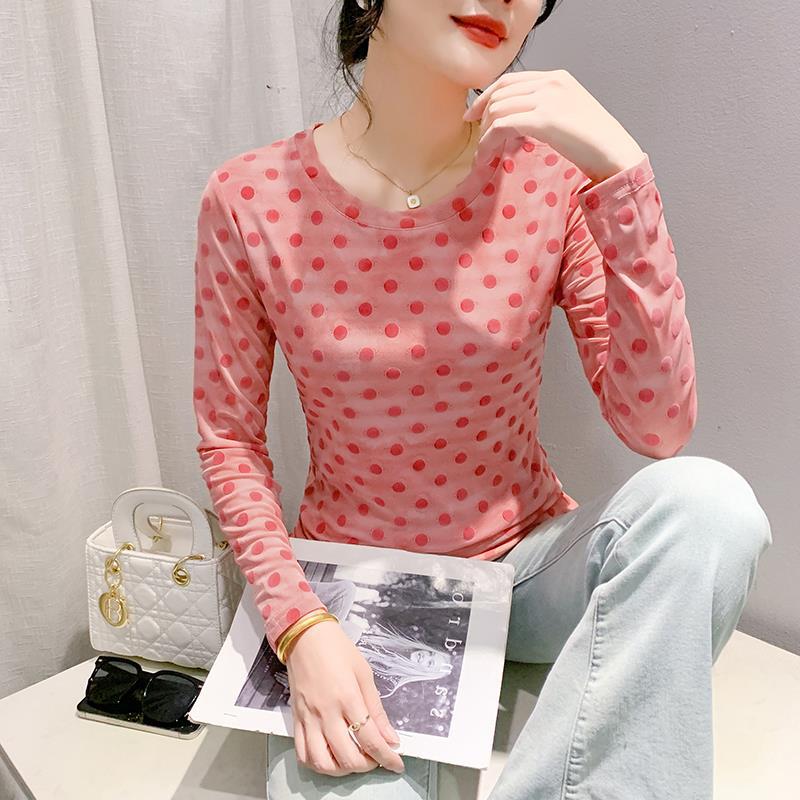 Crewneck Polka Dot Flocking T-Shirt Women'S 2024 Summer Pattern Printed Fashionable Elegant Long Sleeve Western Style Slimming Base Shirt - Image 1
