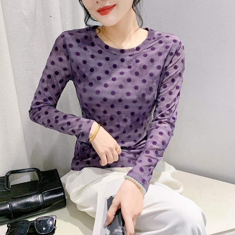 Crewneck Polka Dot Flocking T-Shirt Women'S 2024 Summer Pattern Printed Fashionable Elegant Long Sleeve Western Style Slimming Base Shirt - Image 5