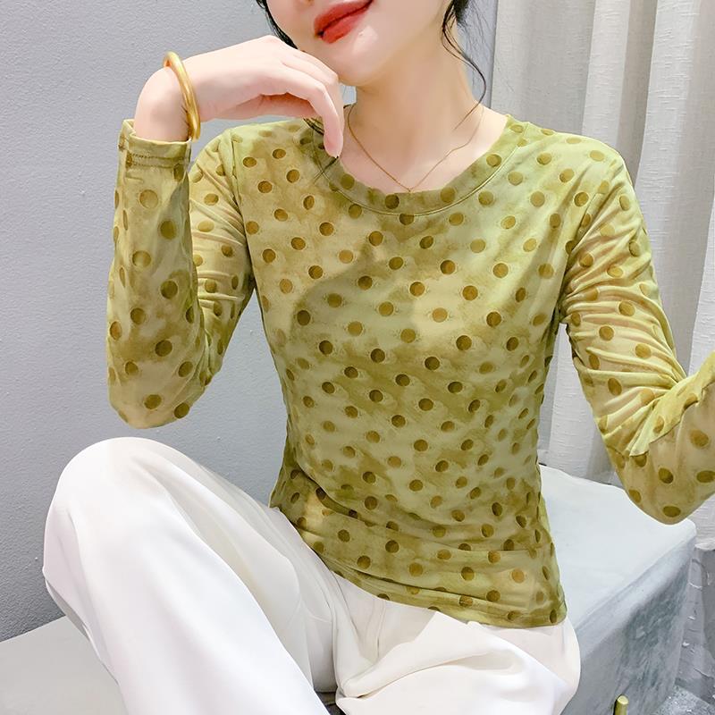 Crewneck Polka Dot Flocking T-Shirt Women'S 2024 Summer Pattern Printed Fashionable Elegant Long Sleeve Western Style Slimming Base Shirt - Image 3