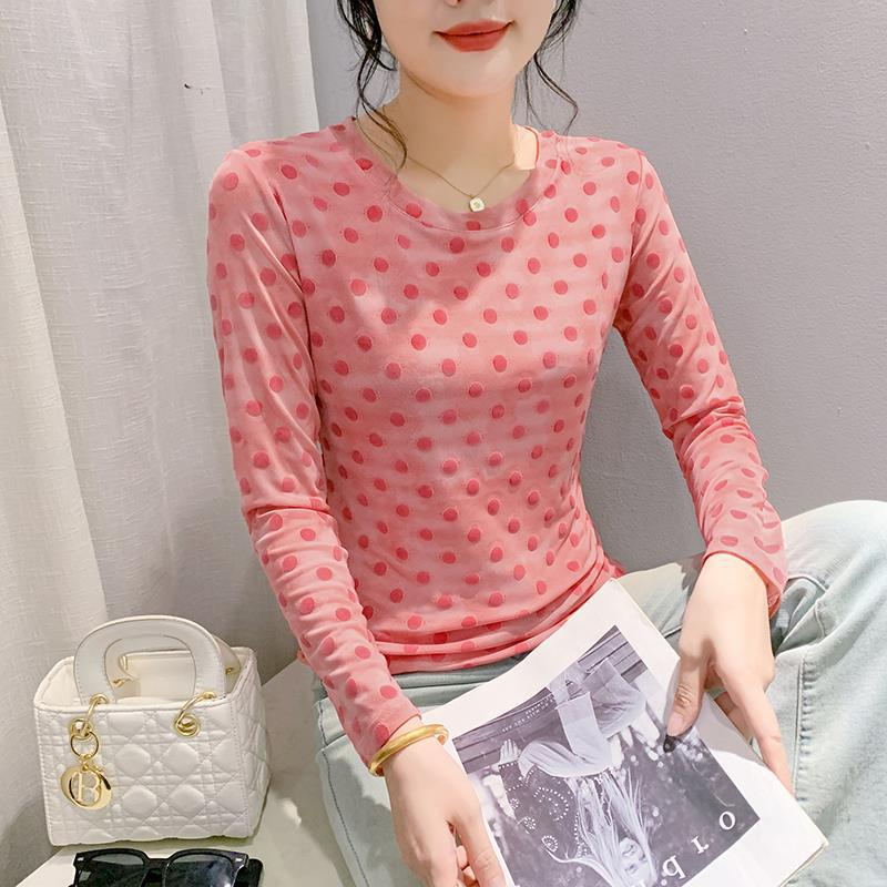 Crewneck Polka Dot Flocking T-Shirt Women'S 2024 Summer Pattern Printed Fashionable Elegant Long Sleeve Western Style Slimming Base Shirt - Image 2