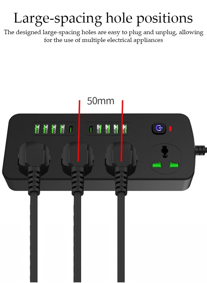 DUNISO Power Strip Extension Cord，14 in 1 Universal Power Socket，8 USB+ 2 Type-C PD Identify Automatically 4 Power Socket Anti-static Power Socket with 1.8M Extension Cord，Black  - Image 5
