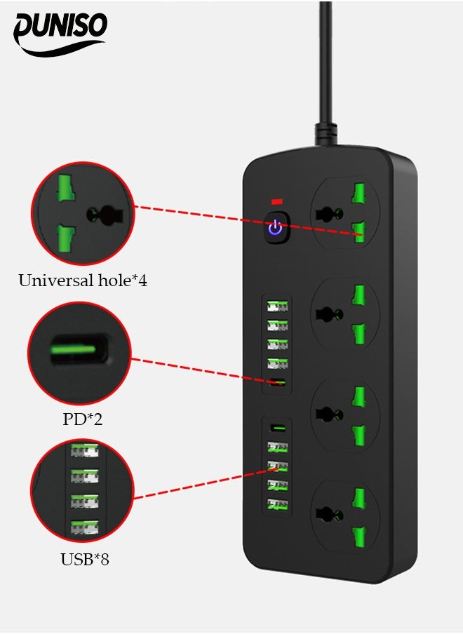 DUNISO Power Strip Extension Cord，14 in 1 Universal Power Socket，8 USB+ 2 Type-C PD Identify Automatically 4 Power Socket Anti-static Power Socket with 1.8M Extension Cord，Black  - Image 1