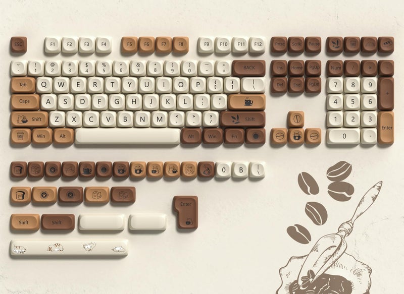 dagaladoo Cute Brown PBT Keycap Set,Coffee cat MOA Profile Keycaps 60 75 100 Percent,Dye-Sub 134-key Custom Keyboard Keycap for 100% 75% 65% 60% TKL US Layout Mechanical Keyboard - Image 1