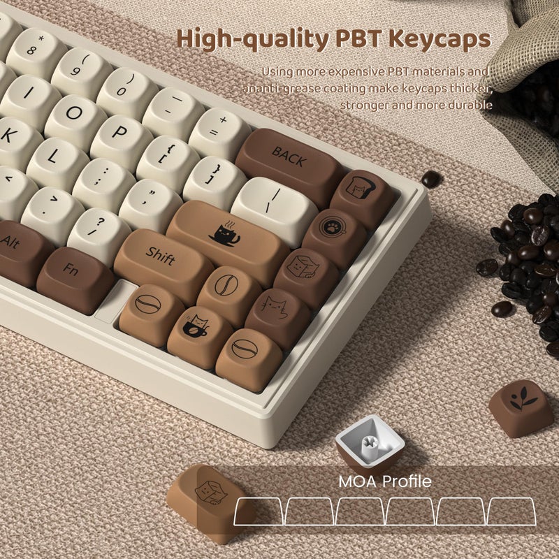 dagaladoo Cute Brown PBT Keycap Set,Coffee cat MOA Profile Keycaps 60 75 100 Percent,Dye-Sub 134-key Custom Keyboard Keycap for 100% 75% 65% 60% TKL US Layout Mechanical Keyboard - Image 2