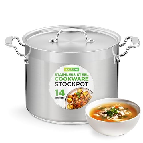 NutriChef 14 Quart Stock Pot with Lid  Heavy Duty Stainless Steel Induction Ready Ergonomic Handles