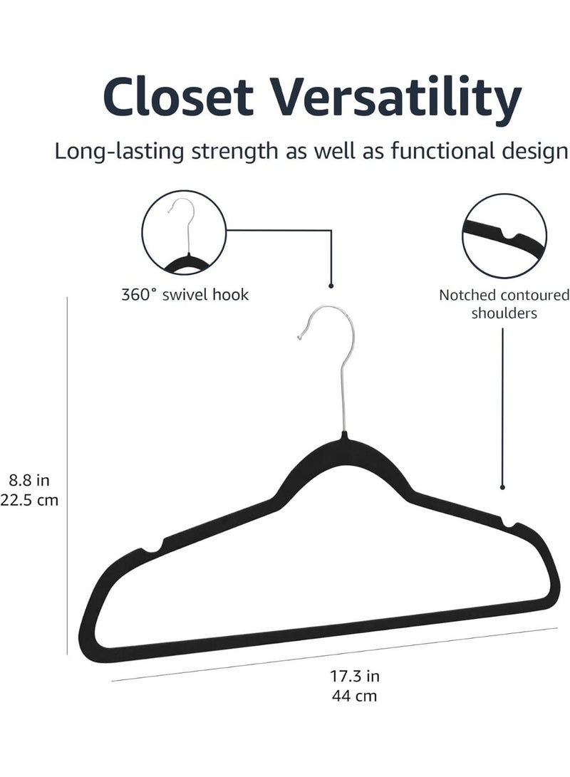 الأم علاقات ملابس HOOJO® Basics Slim Velvet غير قابلة للانزلاق، علاقات موفرة للمساحة للبدلات والقمصان مع خطافات دوارة 360 درجة، وأكتاف مشقوقة، وقضيب للبنطلونات، أسود/فضي - عبوة من 50 قطعة - Image 5