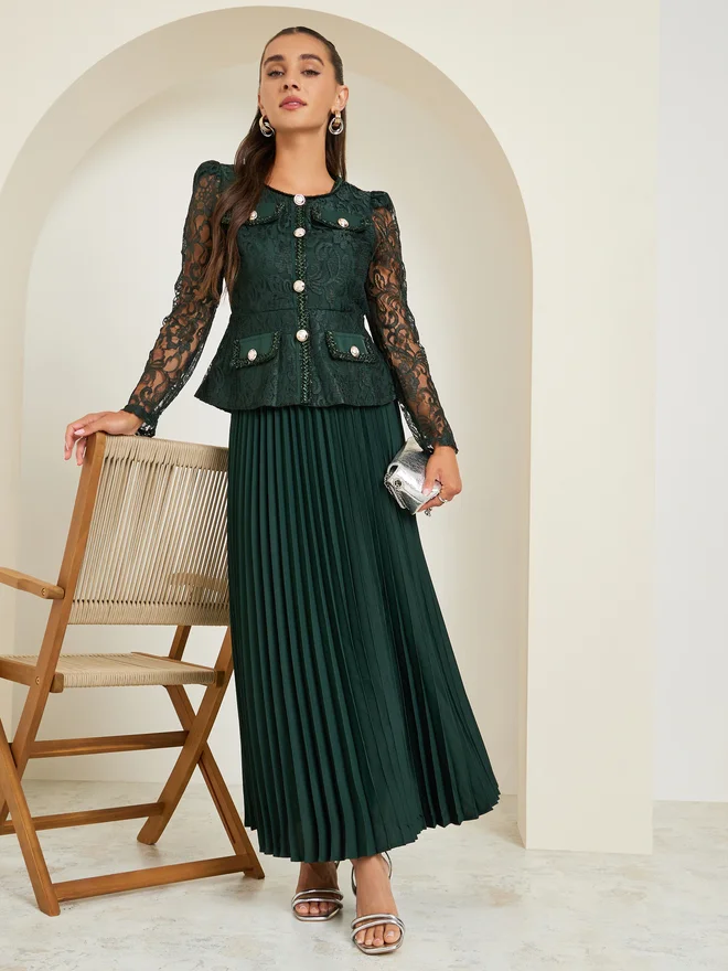 Styli Dark Green Lace Top and Pleated Skirt Co-ords