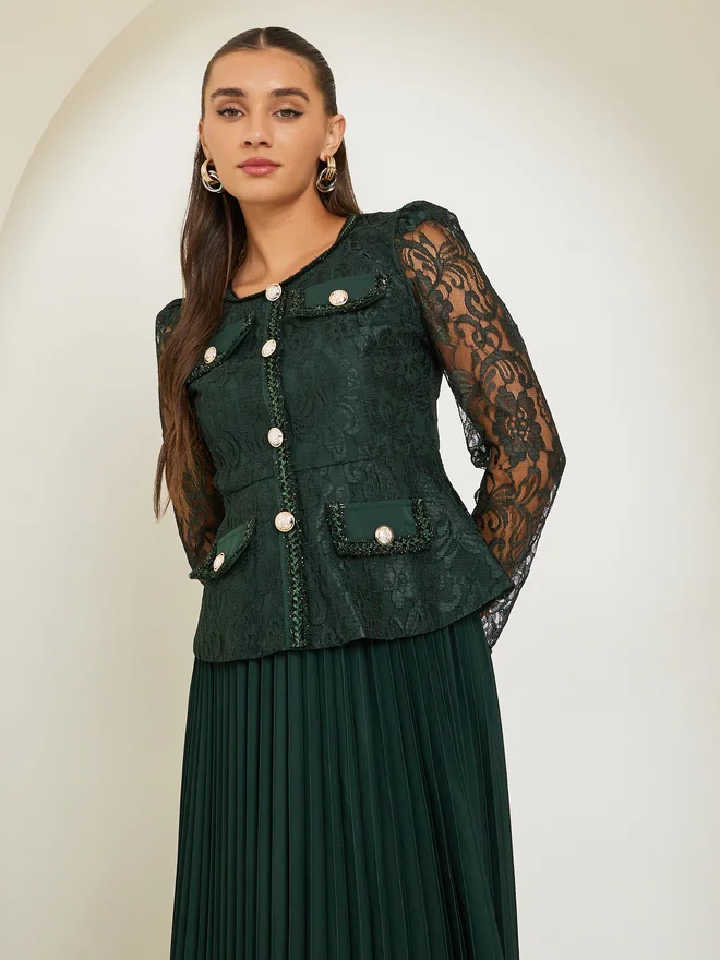 ستايلي Styli Dark Green Lace Top and Pleated Skirt Co-ords