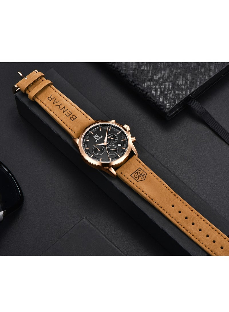 BENYAR Watches for Men Luxury Quartz Water Resistant Watch Men's Chronograph Genuine Leather Strap 5160 Black  - Image 5