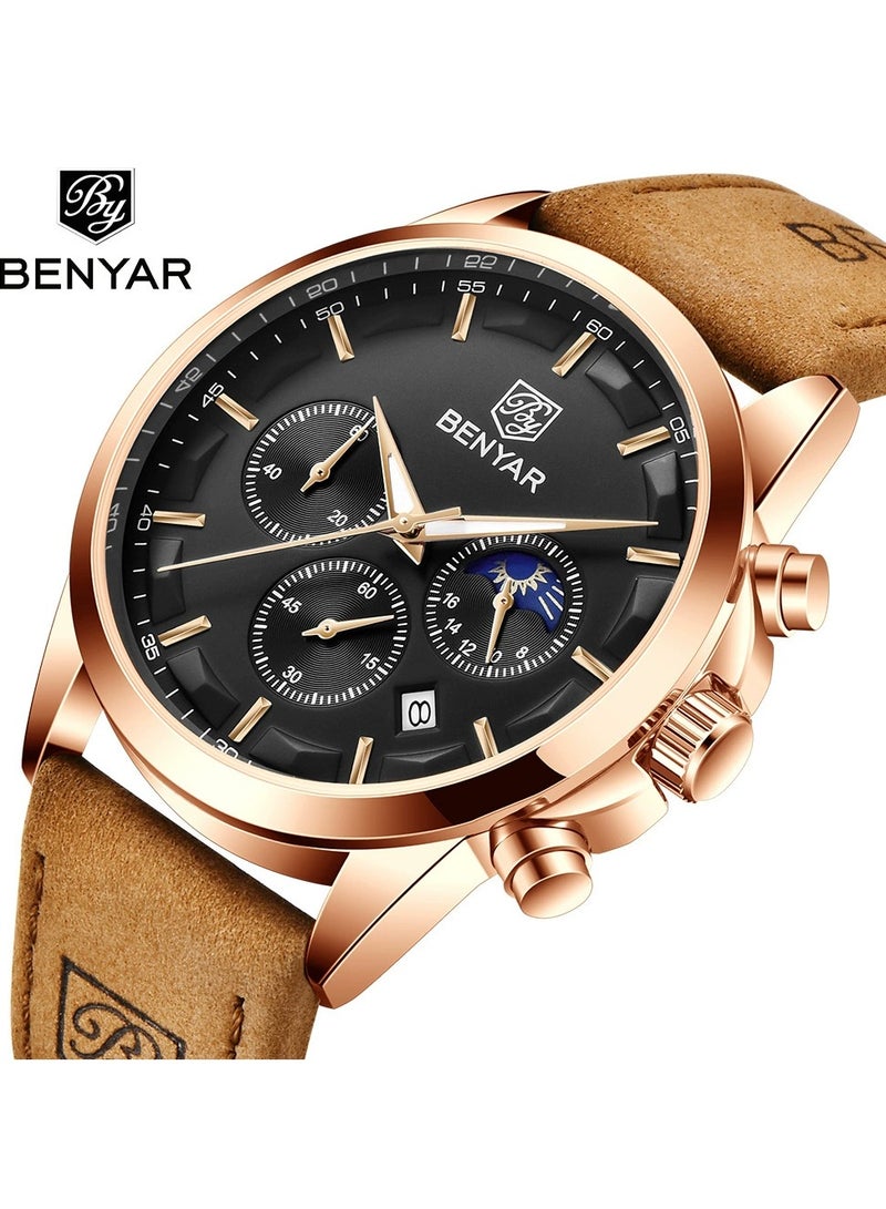 BENYAR Watches for Men Luxury Quartz Water Resistant Watch Men's Chronograph Genuine Leather Strap 5160 Black  - Image 2