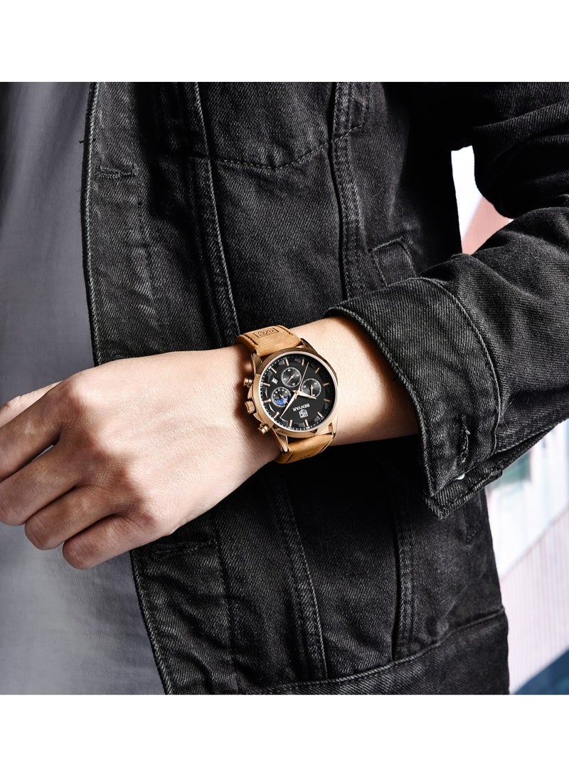 BENYAR Watches for Men Luxury Quartz Water Resistant Watch Men's Chronograph Genuine Leather Strap 5160 Black  - Image 3