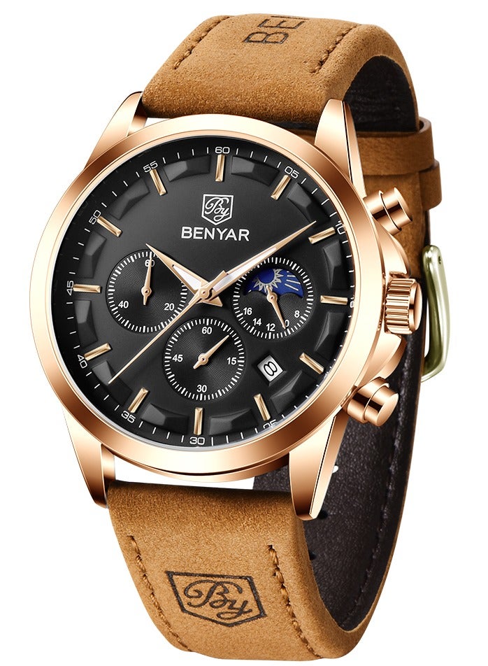 BENYAR Watches for Men Luxury Quartz Water Resistant Watch Men's Chronograph Genuine Leather Strap 5160 Black  - Image 1