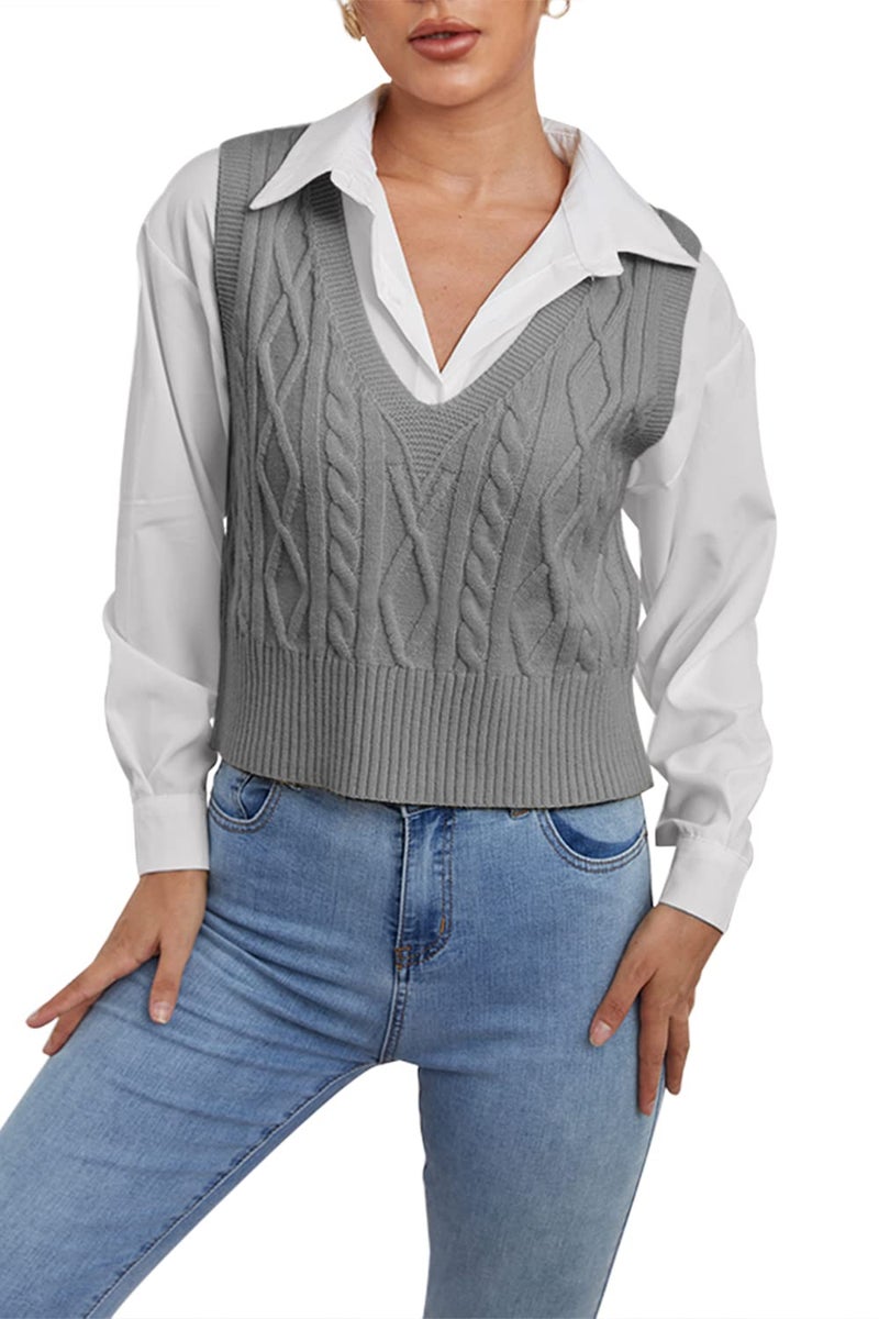 Aoysky Sweater Vest Women's V-Neck Sweater Tank Tops Pullover Cable Knit Vest Solid Color Sleeveless Loose Fit Sweater Top - Image 2