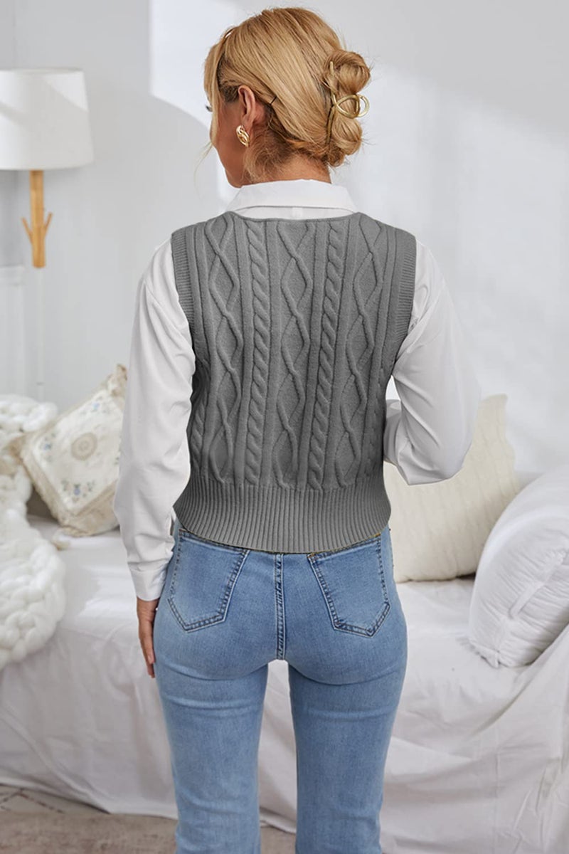 Aoysky Sweater Vest Women's V-Neck Sweater Tank Tops Pullover Cable Knit Vest Solid Color Sleeveless Loose Fit Sweater Top - Image 5