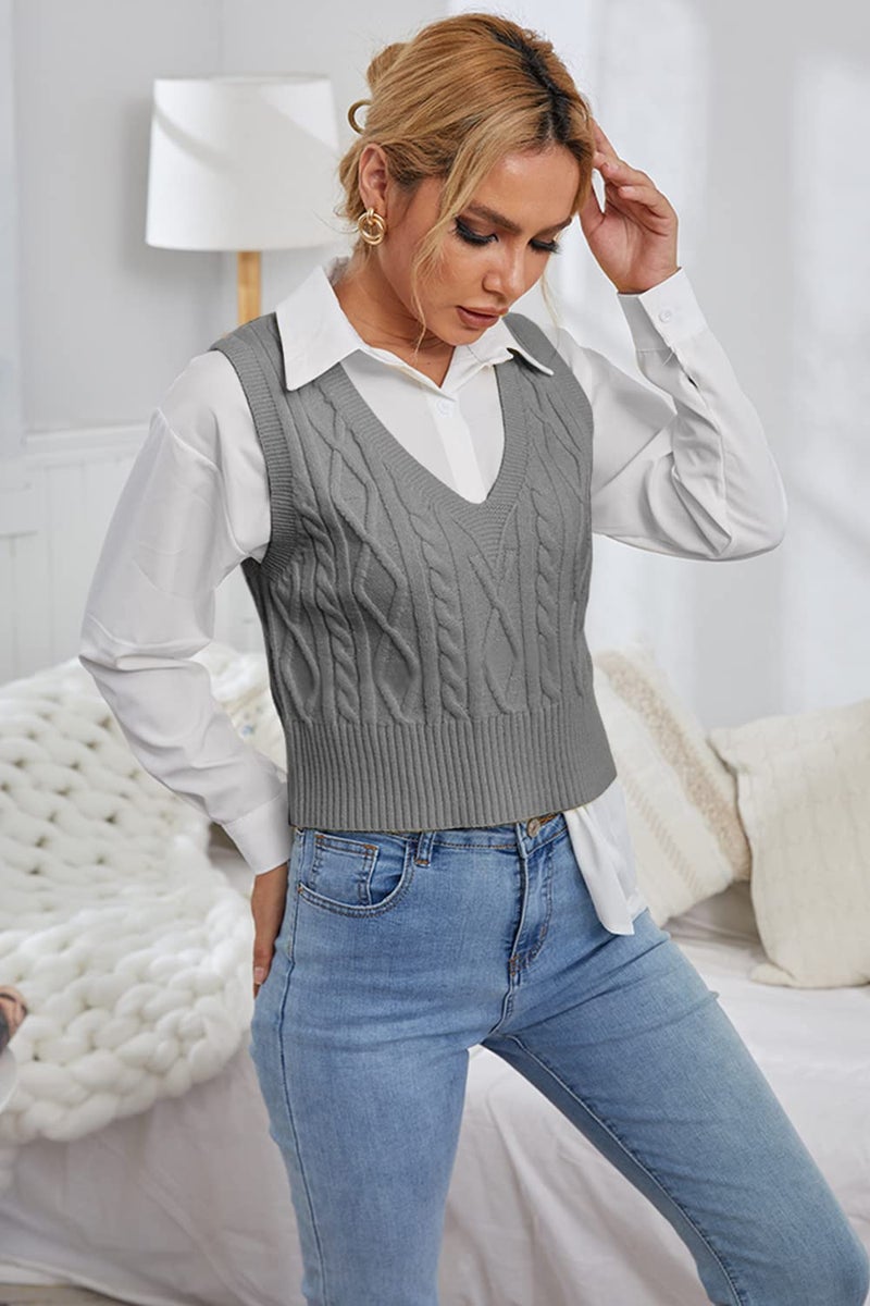 Aoysky Sweater Vest Women's V-Neck Sweater Tank Tops Pullover Cable Knit Vest Solid Color Sleeveless Loose Fit Sweater Top - Image 3