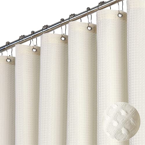Dynamene Extra Long Shower Curtain96 Inch Long Waffle Weave Weighted Thick Cloth Bathroom Shower Curtain Neutral Heavy Duty Hotel Bath Curtain Set with 12 Plastic Hooks72x96CreamIvory - Image 1