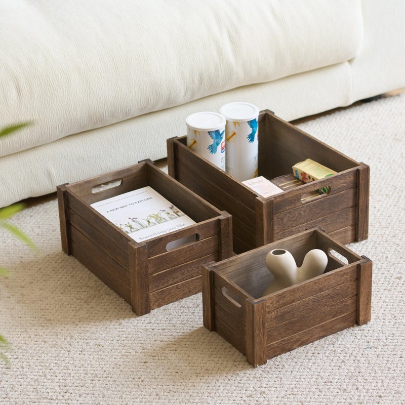 VDEHOM Large Vintage Brown Wooden Crates For Storage,Nesting Handmade Solid Wood Vintage Black Wood Storage Boxes.Storage Crates For Organizing. - Image 3