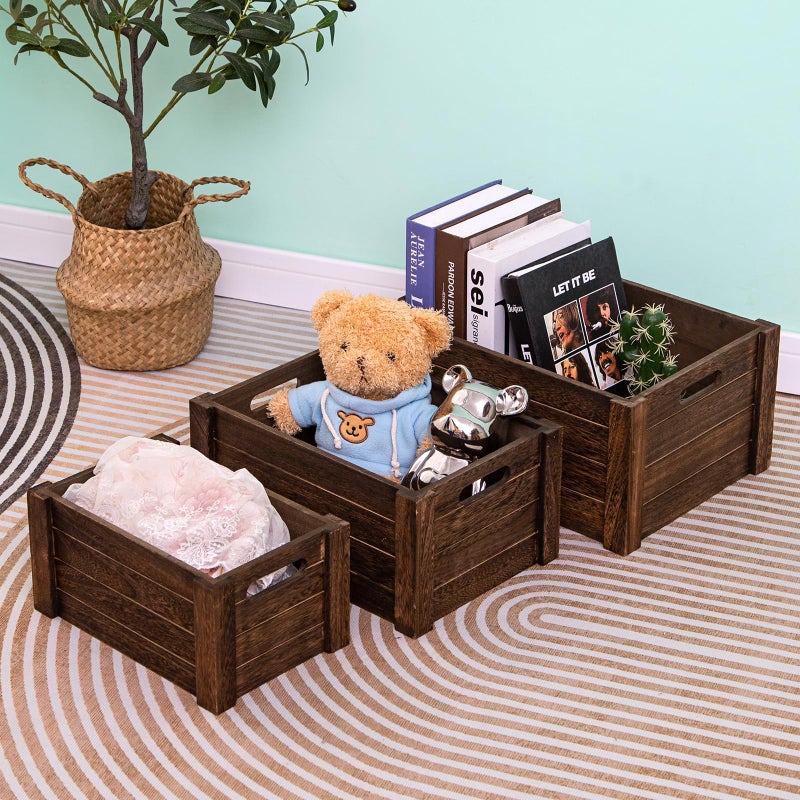 VDEHOM Large Vintage Brown Wooden Crates For Storage,Nesting Handmade Solid Wood Vintage Black Wood Storage Boxes.Storage Crates For Organizing. - Image 5