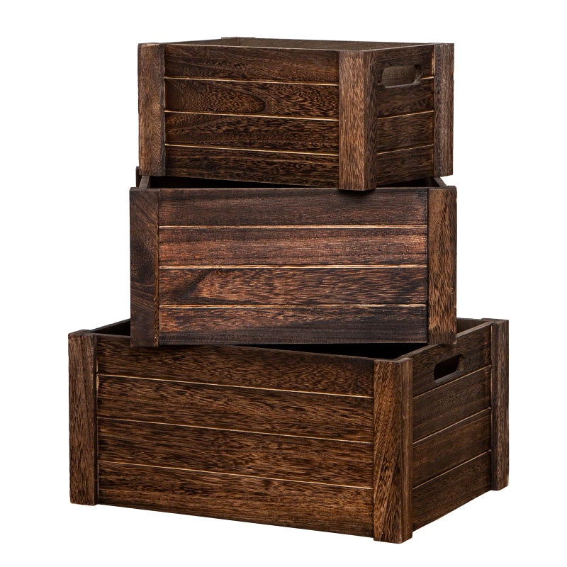 VDEHOM Large Vintage Brown Wooden Crates For Storage,Nesting Handmade Solid Wood Vintage Black Wood Storage Boxes.Storage Crates For Organizing. - Image 1
