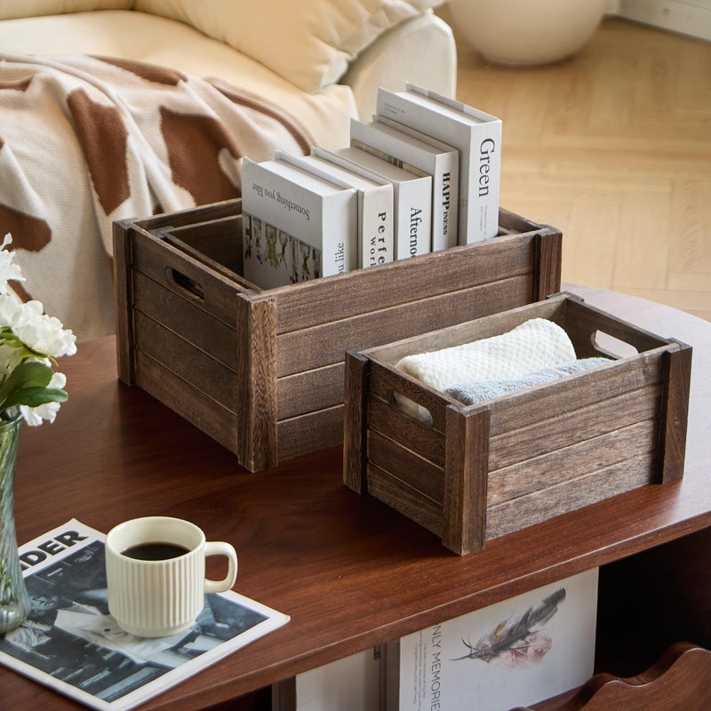 VDEHOM Large Vintage Brown Wooden Crates For Storage,Nesting Handmade Solid Wood Vintage Black Wood Storage Boxes.Storage Crates For Organizing. - Image 4