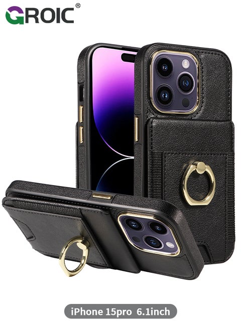 Black Wallet Case Compatible for iPhone 15 Pro with Card Holder, RFID Blocking Leather Cover, 360°Rotation Finger Ring Kickstand Case, Shockproof Drop Protection with Magnetic Snap Case
