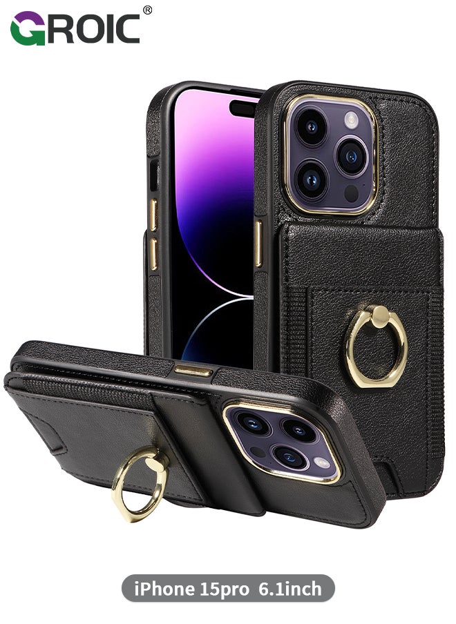 GROIC - Black Wallet Case Compatible for iPhone 15 Pro with Card Holder, RFID Blocking Leather Cover, 360°Rotation Finger Ring Kickstand Case, Shockproof Drop Protection with Magnetic Snap Case - Image 1