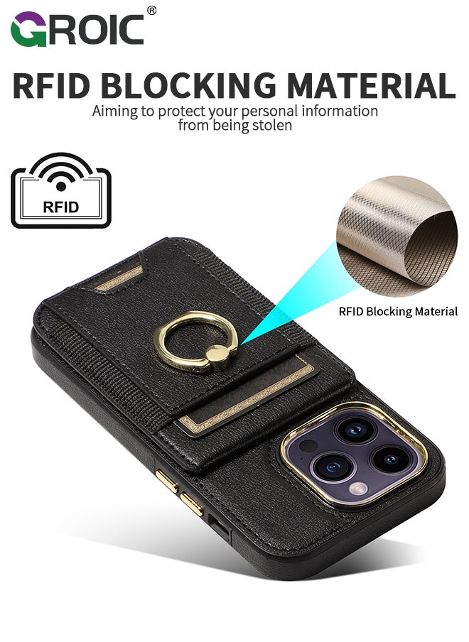 GROIC - Black Wallet Case Compatible for iPhone 15 Pro with Card Holder, RFID Blocking Leather Cover, 360°Rotation Finger Ring Kickstand Case, Shockproof Drop Protection with Magnetic Snap Case - Image 1