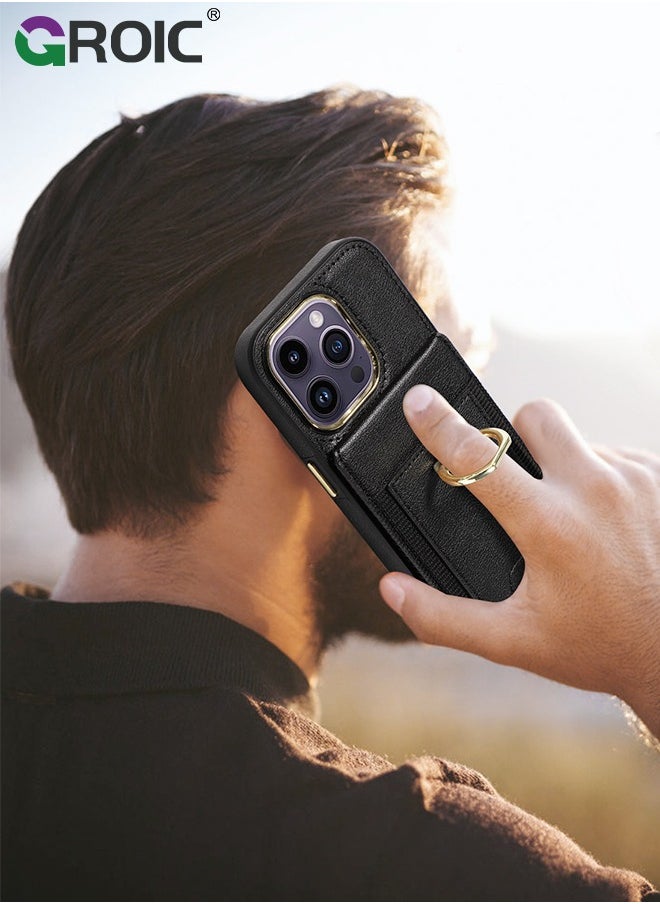GROIC - Black Wallet Case Compatible for iPhone 15 Pro with Card Holder, RFID Blocking Leather Cover, 360°Rotation Finger Ring Kickstand Case, Shockproof Drop Protection with Magnetic Snap Case - Image 1