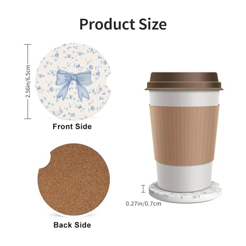 CTVSLFU Absorbent Car Coasters for Cup Holders, 2 Pack Universal Anti Slip Ceramic Cup Coaster for Women Men 2.56 Inch Car Interior Accessories - Blue Bow Tie Flower - Image 3