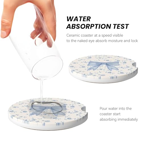 CTVSLFU Absorbent Car Coasters for Cup Holders, 2 Pack Universal Anti Slip Ceramic Cup Coaster for Women Men 2.56 Inch Car Interior Accessories - Blue Bow Tie Flower - Image 4