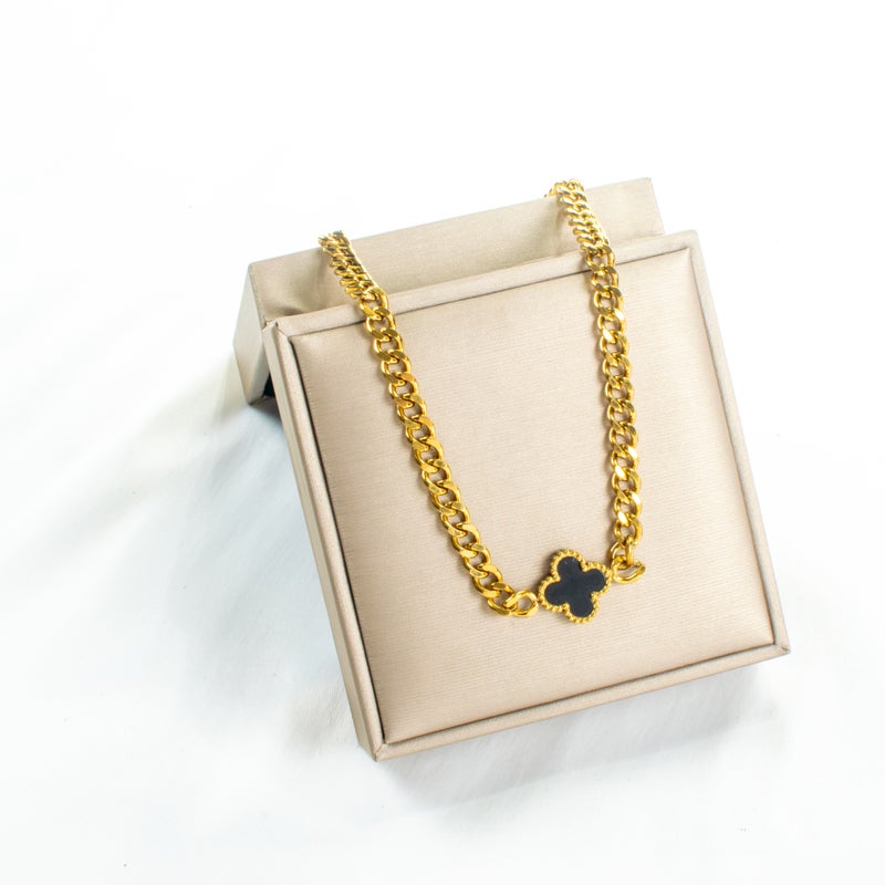 Golden Stainless Steel Black Clover Pendant Necklace