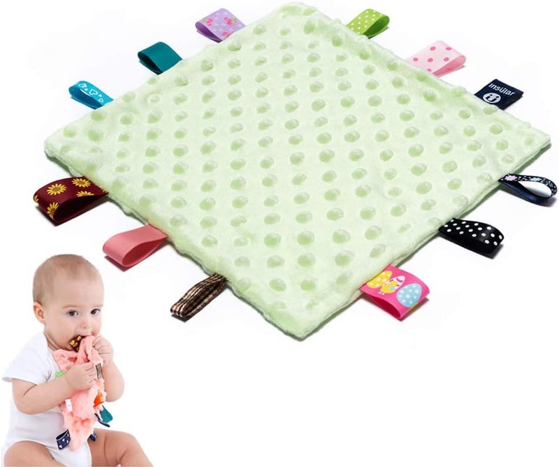 AnjeeIOT Baby Tags Security Blankets - Baby Soothing Plush Blanket with Colorful Tags, 10"x10" Square Sensory Toys, Lovey for 3 Months+ Babies Boys and Girls (Green) - Image 1